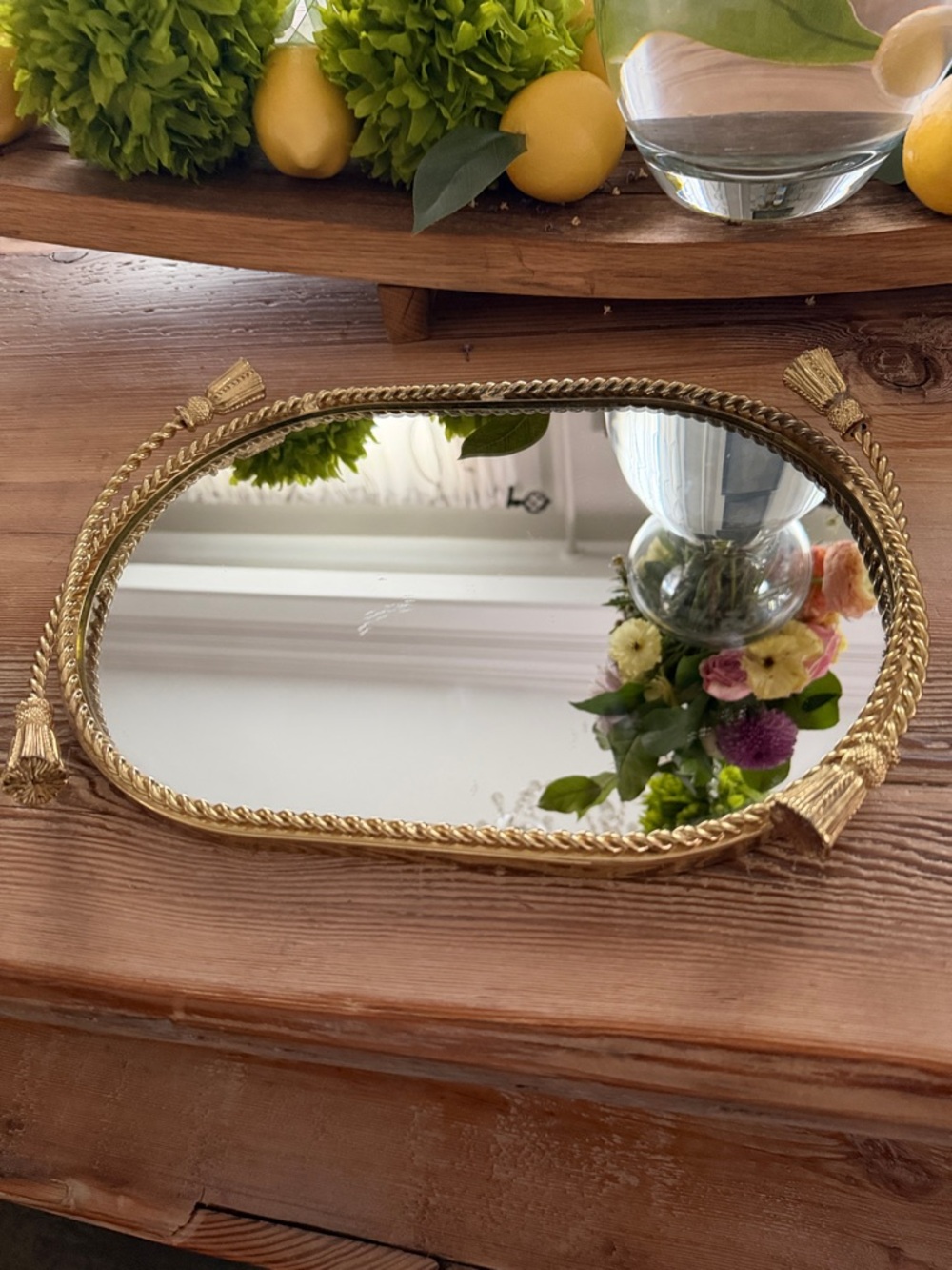 Vintage Large Oval Mirror Vanity Tray Gold Tone Metal Rope Tassels Velvet Bottom